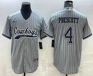 Men%27s Dallas Cowboys #4 Dak Prescott Grey Pinstripe With Patch Cool Base Stitched Baseball Jersey